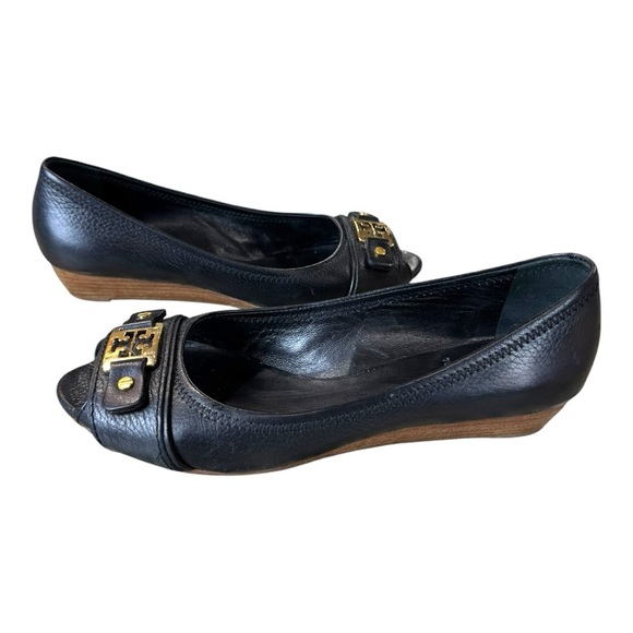 Tory Burch Black Leather Peep Toe Low Cork Wedges Size 8M - Picture 4 of 11